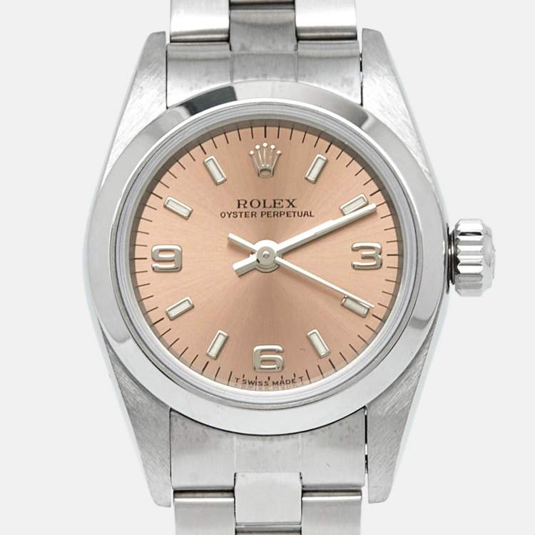 Pre Owned Rolex Salmon Stainless Steel Oyster Perpetual 67180 Automatic Women's Wristwatch 25 mm