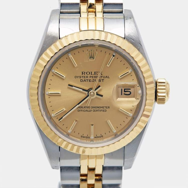 Pre Owned Rolex Champagne 18k Yellow Gold Stainless Steel Datejust 69173 Women's Wristwatch 26 mm