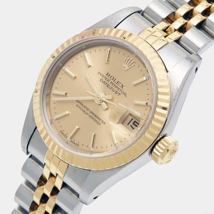 Pre Owned Rolex Champagne 18k Yellow Gold Stainless Steel Datejust 69173 Women's Wristwatch 26 mm