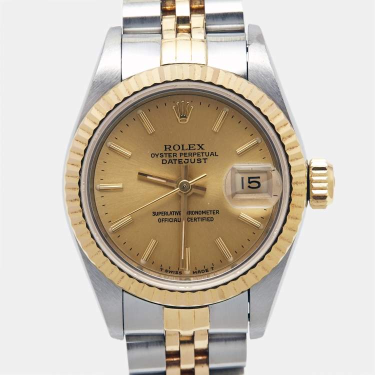 Pre Owned Rolex Champagne 18k Yellow Gold Stainless Steel Datejust 69173 Women's Wristwatch 26 mm