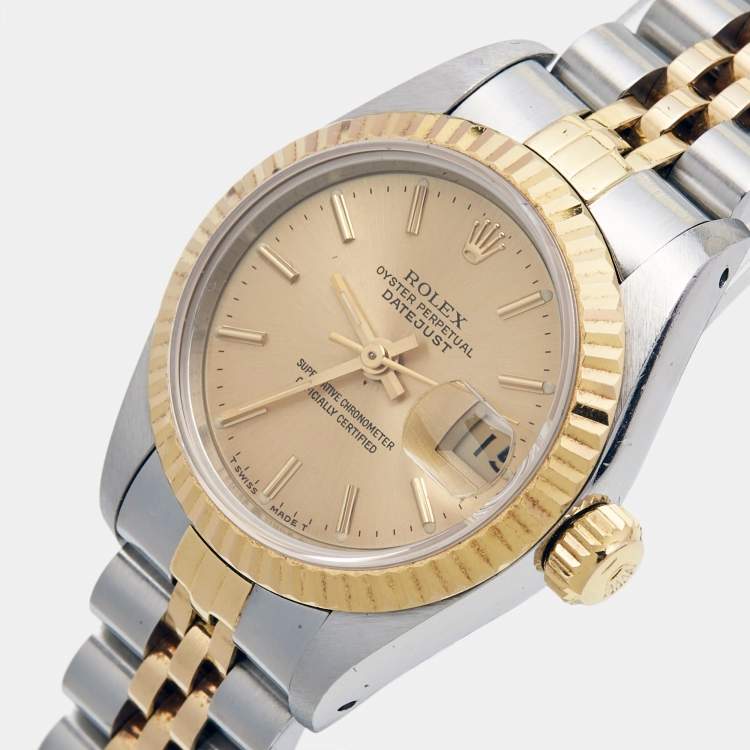 Pre Owned Rolex Champagne 18k Yellow Gold Stainless Steel Datejust 69173 Women's Wristwatch 26 mm