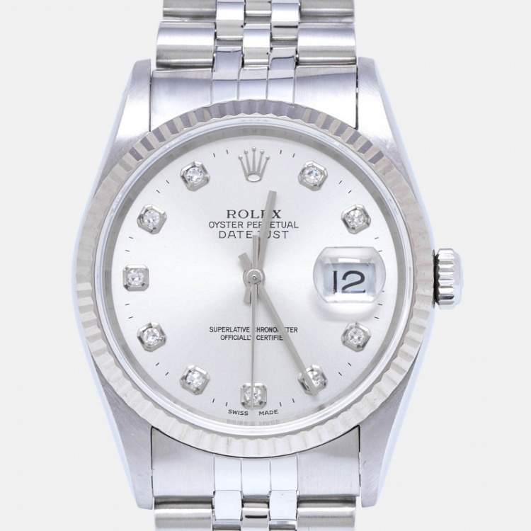 Pre Owned Rolex Silver Diamond 18K White Gold Stainless Steel Datejust 16234 Unisex Wristwatch 36 mm