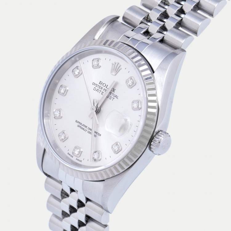 Pre Owned Rolex Silver Diamond 18K White Gold Stainless Steel Datejust 16234 Unisex Wristwatch 36 mm
