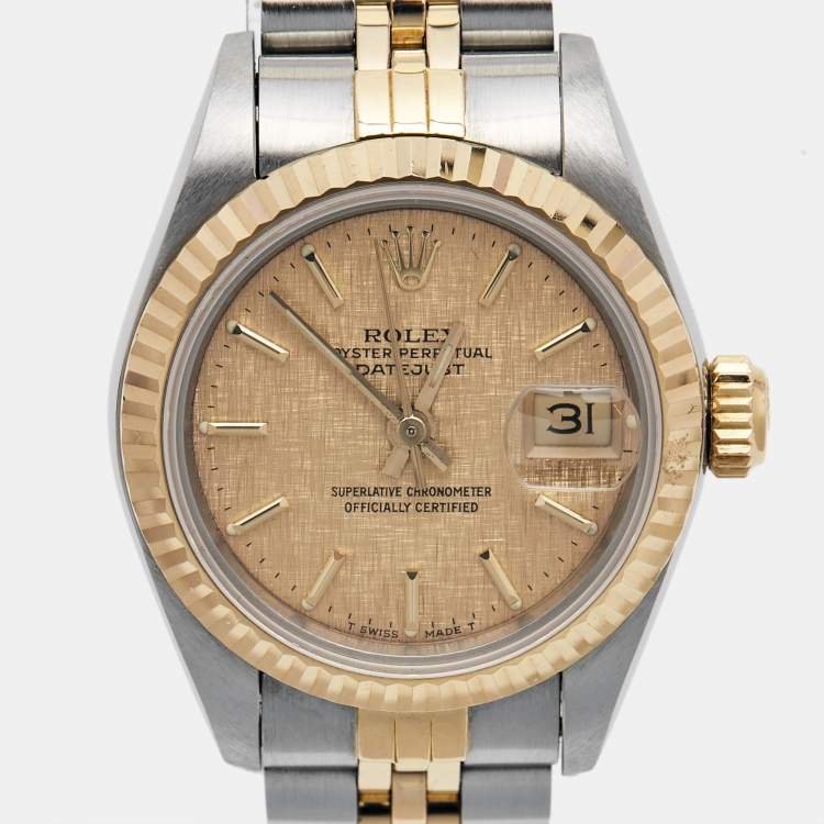 Pre Owned Rolex Champagne 18k Yellow Gold Stainless Steel Datejust 69173 Women's Wristwatch 26 mm