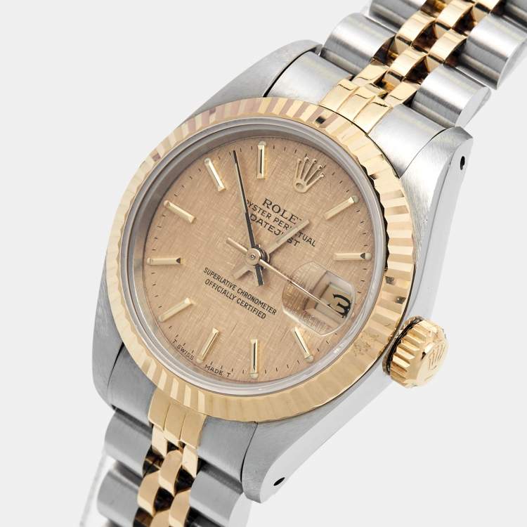 Pre Owned Rolex Champagne 18k Yellow Gold Stainless Steel Datejust 69173 Women's Wristwatch 26 mm