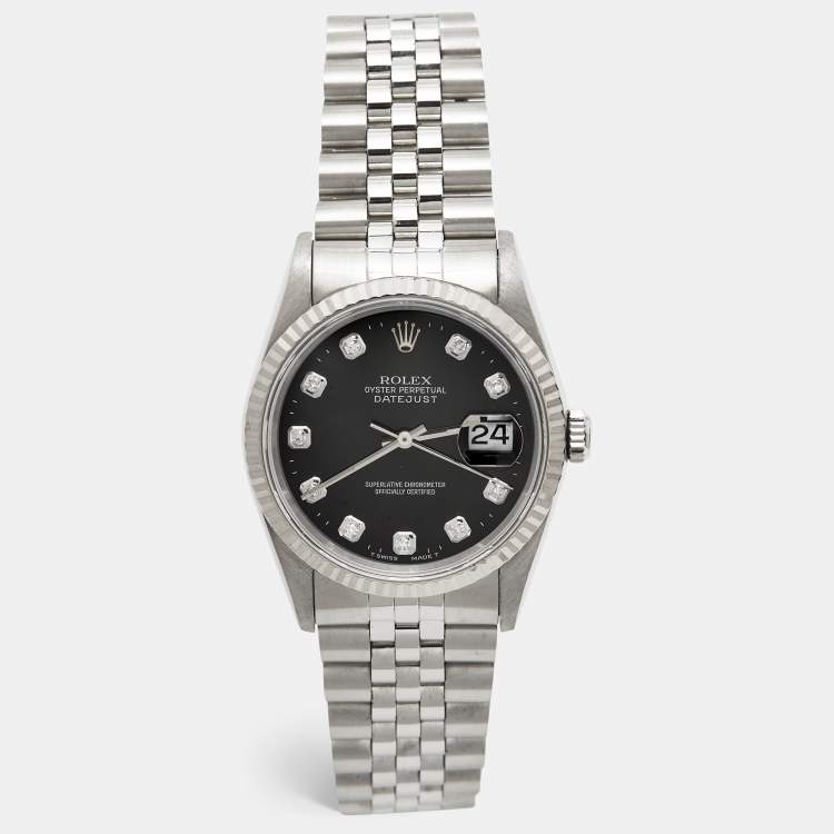 Pre Owned Rolex Black 18K White Gold Stainless Steel Diamond Datejust 16234 Unisex Wristwatch 36 mm