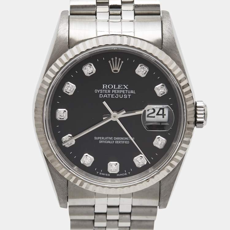 Pre Owned Rolex Black 18K White Gold Stainless Steel Diamond Datejust 16234 Unisex Wristwatch 36 mm