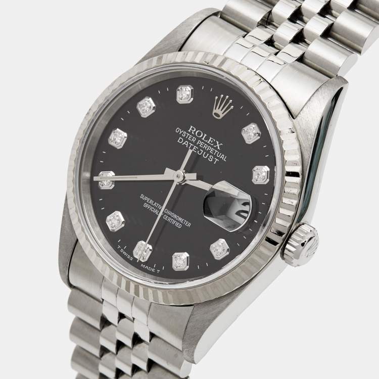 Pre Owned Rolex Black 18K White Gold Stainless Steel Diamond Datejust 16234 Unisex Wristwatch 36 mm