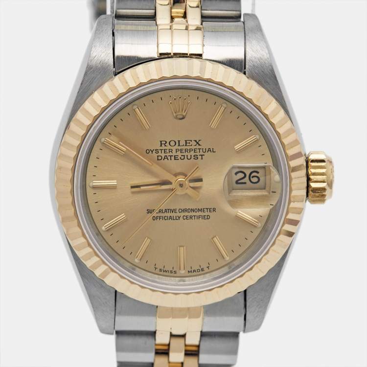 Pre Owned Rolex Champagne 18k Yellow Gold Stainless Steel Datejust 69173 Women's Wristwatch 26 mm