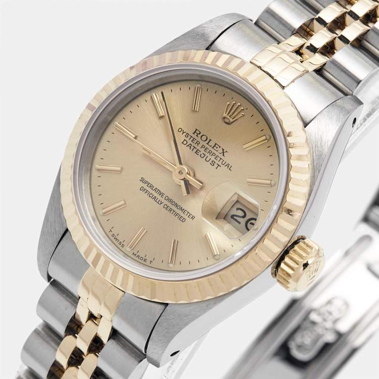 Pre Owned Rolex Champagne 18k Yellow Gold Stainless Steel Datejust 69173 Women's Wristwatch 26 mm