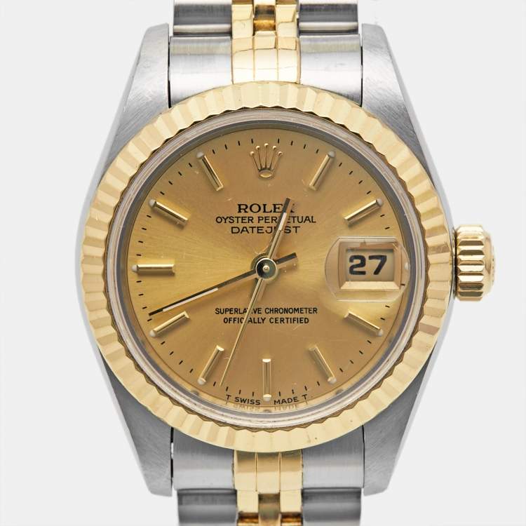 Pre Owned Rolex Champagne 18k Yellow Gold Stainless Steel Datejust 69173 Women's Wristwatch 26 mm