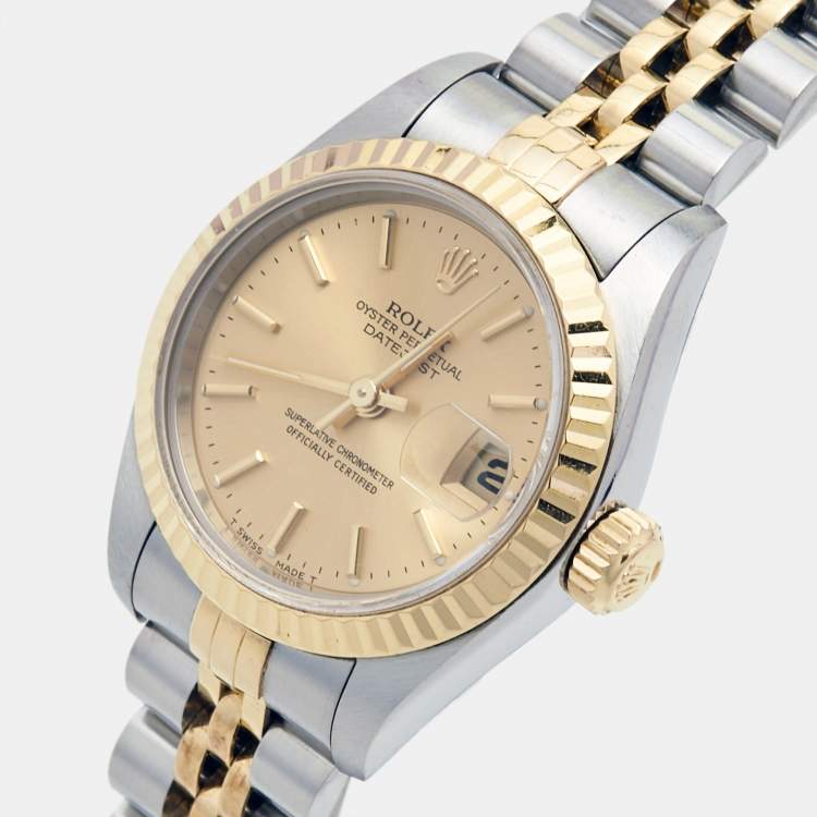 Pre Owned Rolex Champagne 18k Yellow Gold Stainless Steel Datejust 69173 Women's Wristwatch 26 mm