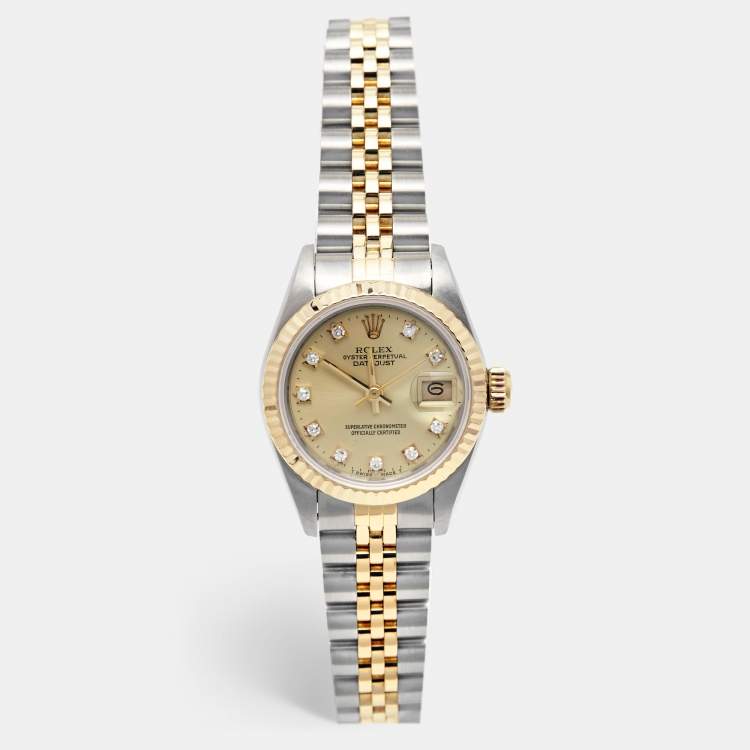 Pre Owned Rolex Champagne Diamond 18k Yellow Gold Stainless Steel Datejust 69173 Women's Wristwatch 26 mm