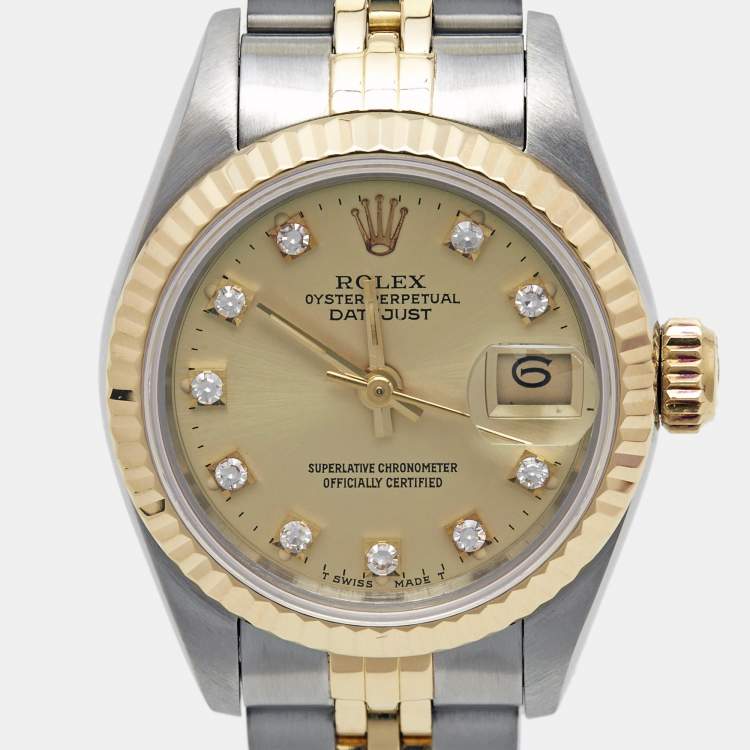 Pre Owned Rolex Champagne Diamond 18k Yellow Gold Stainless Steel Datejust 69173 Women's Wristwatch 26 mm