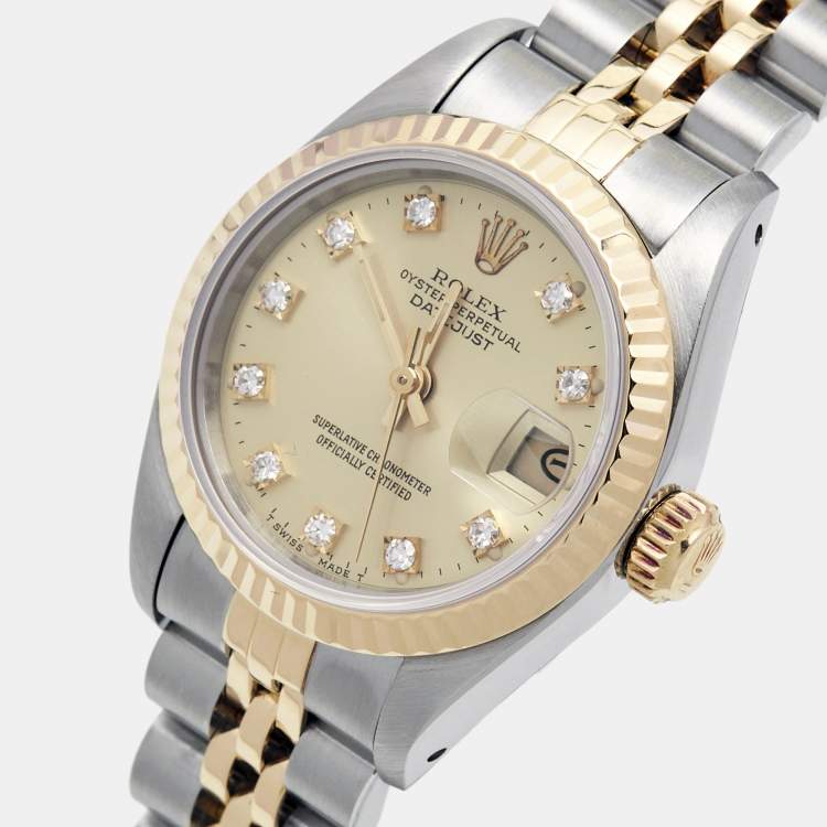 Pre Owned Rolex Champagne Diamond 18k Yellow Gold Stainless Steel Datejust 69173 Women's Wristwatch 26 mm