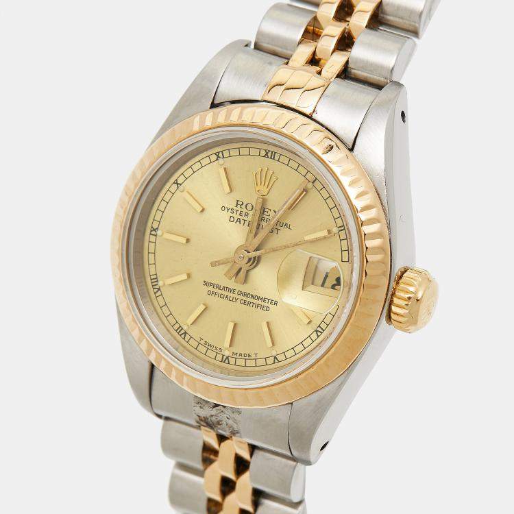 Pre Owned Rolex Champagne 18K Yellow Gold Stainless Steel Datejust 69173 Women's Wristwatch 26 mm