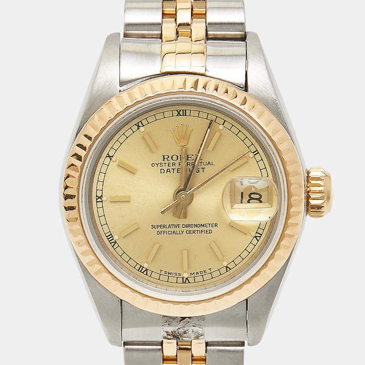 Pre Owned Rolex Champagne 18K Yellow Gold Stainless Steel Datejust 69173 Women's Wristwatch 26 mm