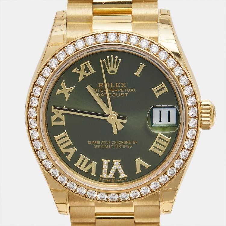Pre Owned Rolex Olive Green Diamond 18K Yellow Gold President Datejust 278288BRBR Women's Wristwatch 31 mm