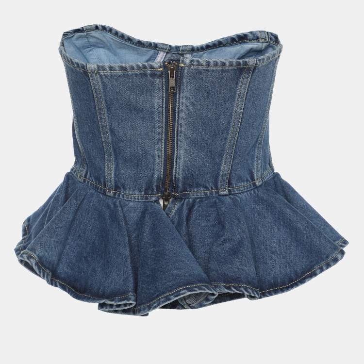 مملوكة مسبقًا Ronny Kobo Blue Denim Dallas Strapless Bustier Top M