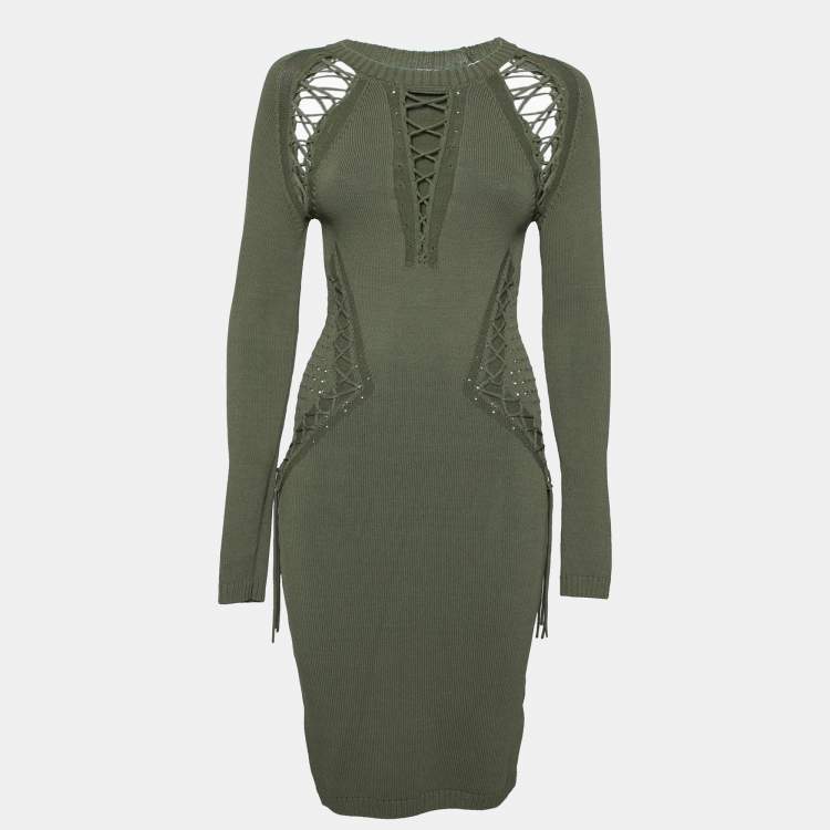 مملوكة مسبقًا Ronny Kobo Green Knitted Cut-Out Lace Up Detail Bodycon Dress M 