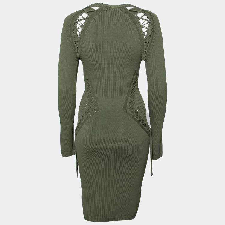 مملوكة مسبقًا Ronny Kobo Green Knitted Cut-Out Lace Up Detail Bodycon Dress M 