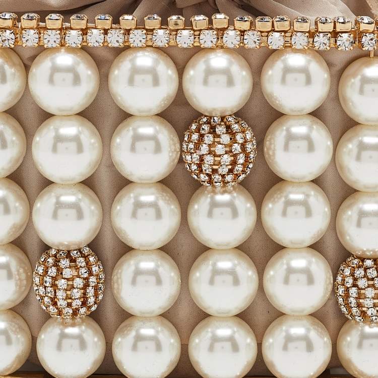 Pre Owned Rosantica Gold Metal Faux Pearl Crystal Embellished Clutch