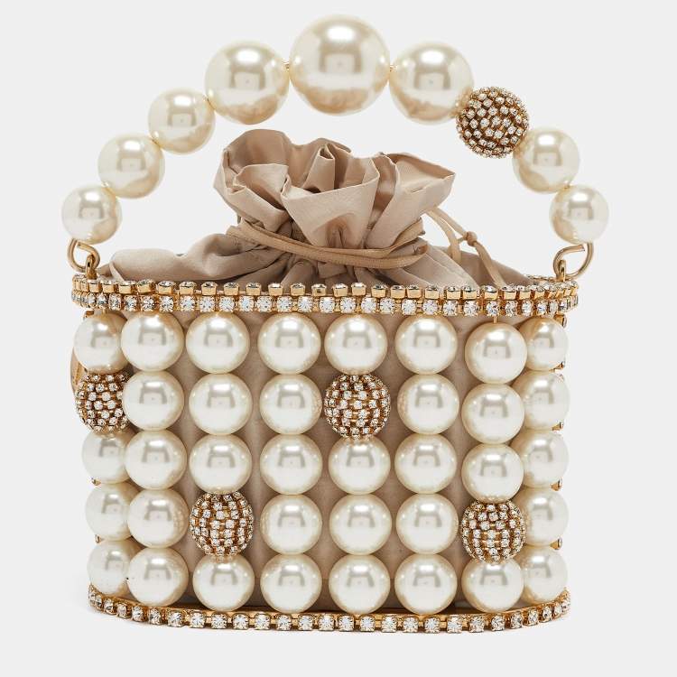 Pre Owned Rosantica Gold Metal Faux Pearl Crystal Embellished Clutch