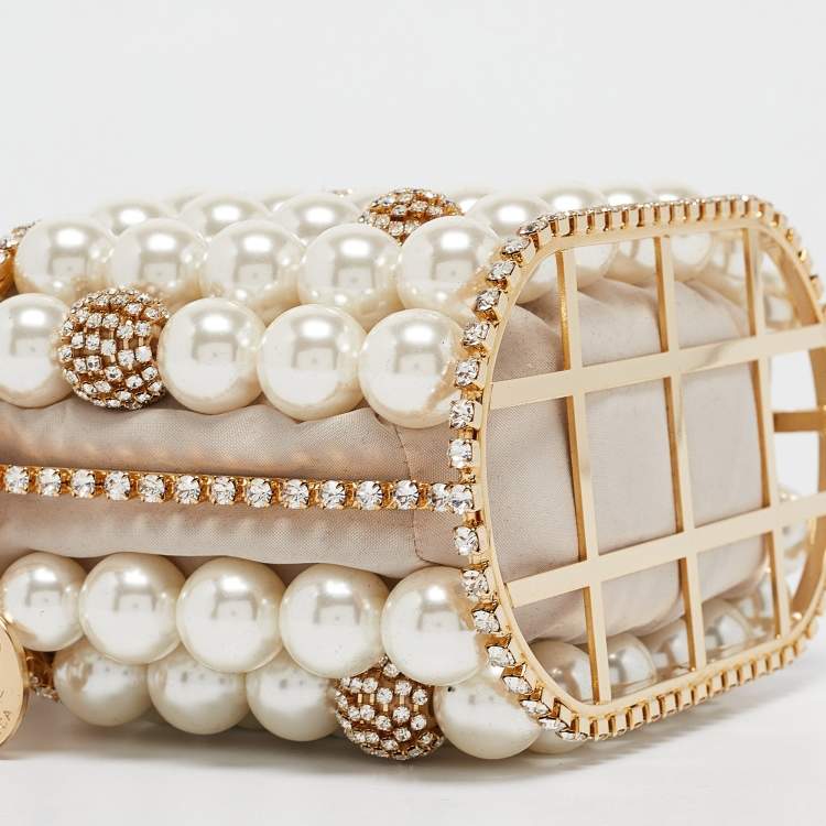 Pre Owned Rosantica Gold Metal Faux Pearl Crystal Embellished Clutch
