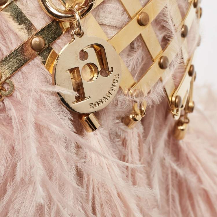 Pre Owned Rosantica Pink Velvet and Ostrich Feather Aramis Chain Clutch