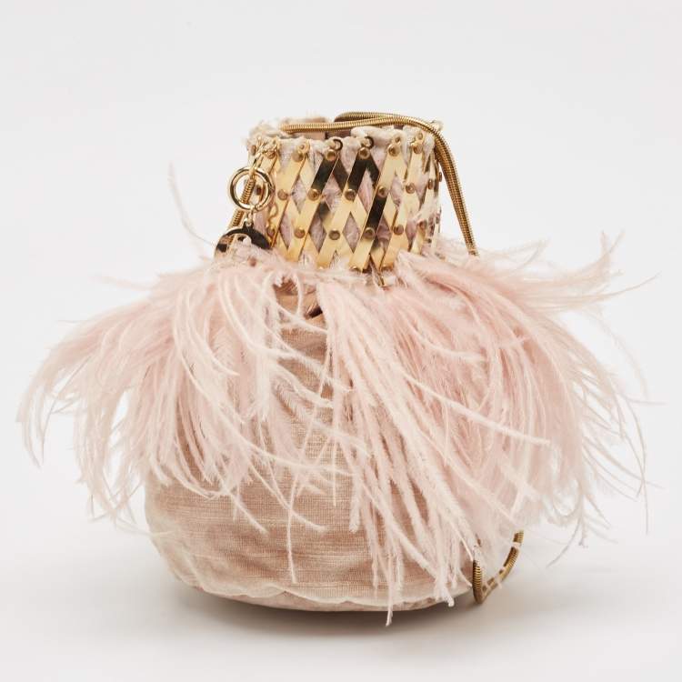 Pre Owned Rosantica Pink Velvet and Ostrich Feather Aramis Chain Clutch