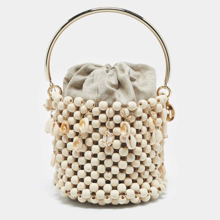 Pre Owned Rosantica Beige Beaded Wood Shell Embellished Pochette Bag