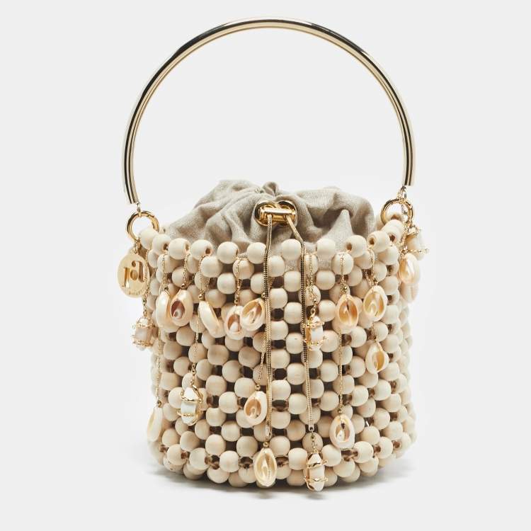 Pre Owned Rosantica Beige Beaded Wood Shell Embellished Pochette Bag