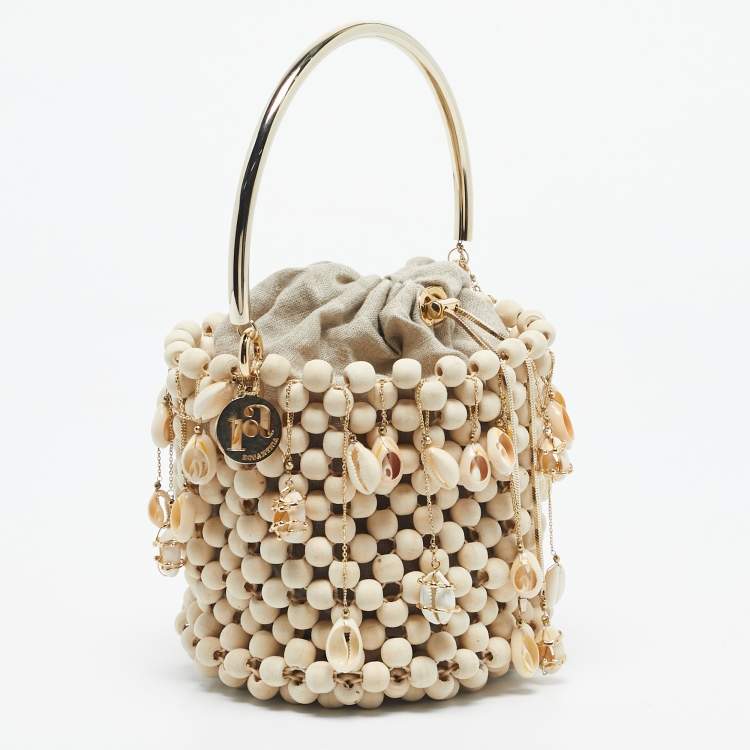Pre Owned Rosantica Beige Beaded Wood Shell Embellished Pochette Bag