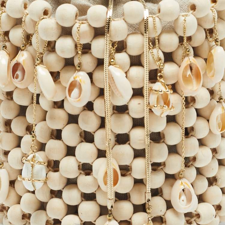 Pre Owned Rosantica Beige Beaded Wood Shell Embellished Pochette Bag