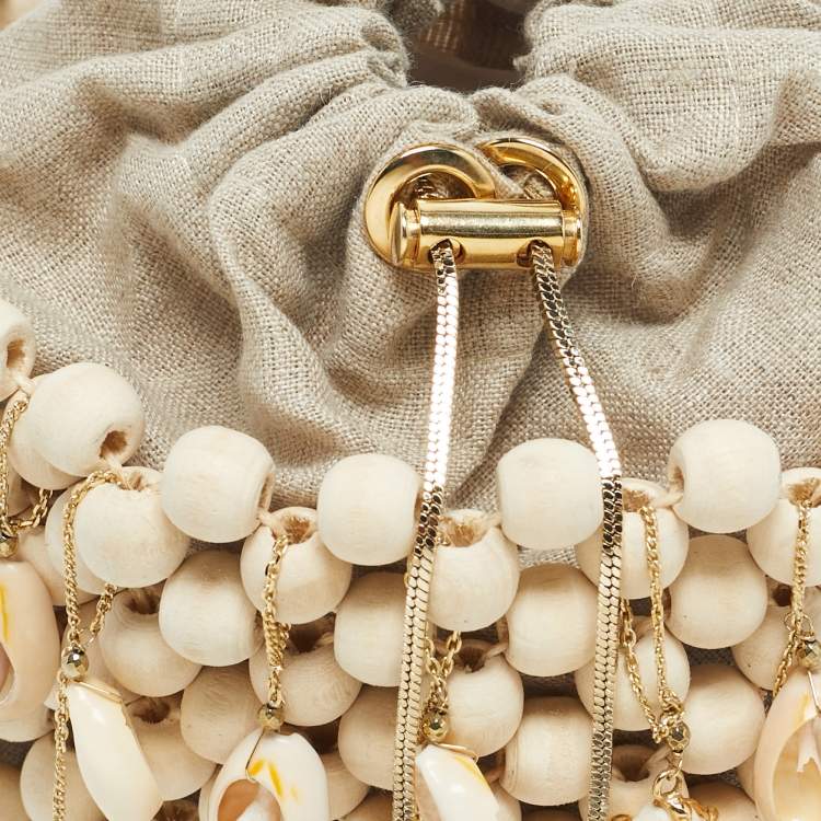 Pre Owned Rosantica Beige Beaded Wood Shell Embellished Pochette Bag