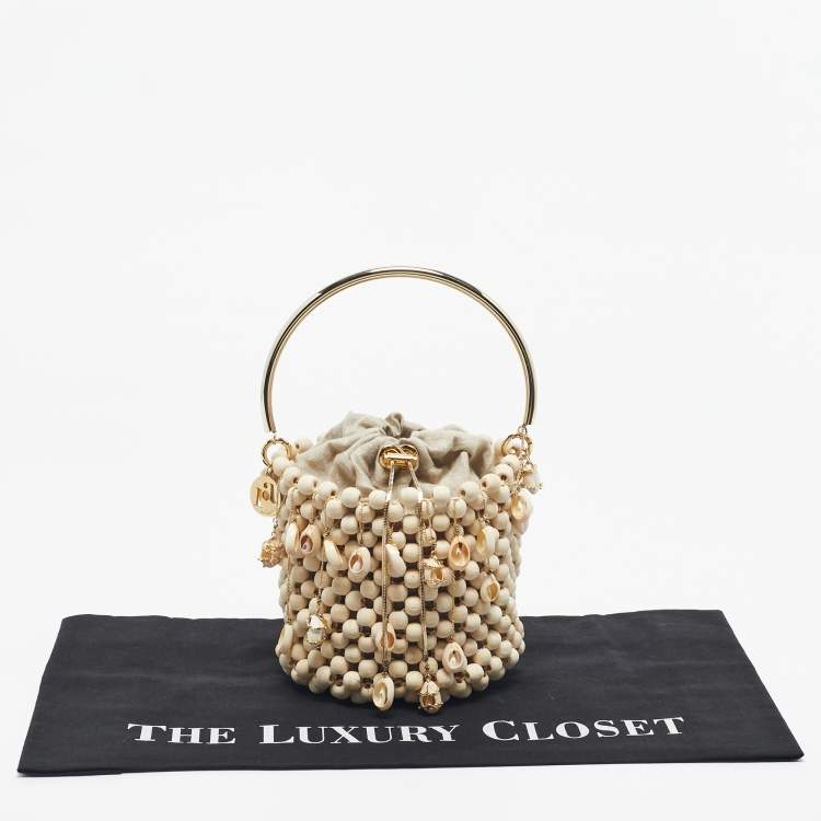 Pre Owned Rosantica Beige Beaded Wood Shell Embellished Pochette Bag