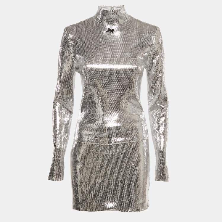Pre Owned Rotate Birger Christensen Silver Sequin Top and Mini Skirt Set S