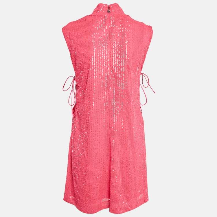 Pre Owned ROTATE Fuchsia Pink Sequin Mesh Lace-Up Mini Krew Dress M