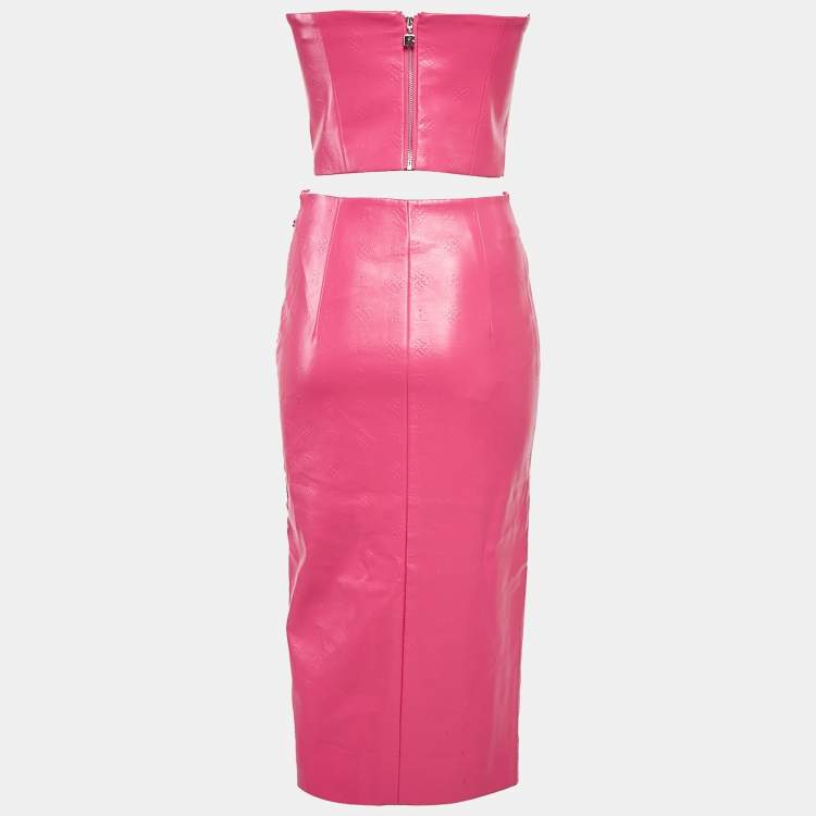 Pre Owned Rotate Pink Logo Embossed Faux Leather Skirt and Strapless Top Set M