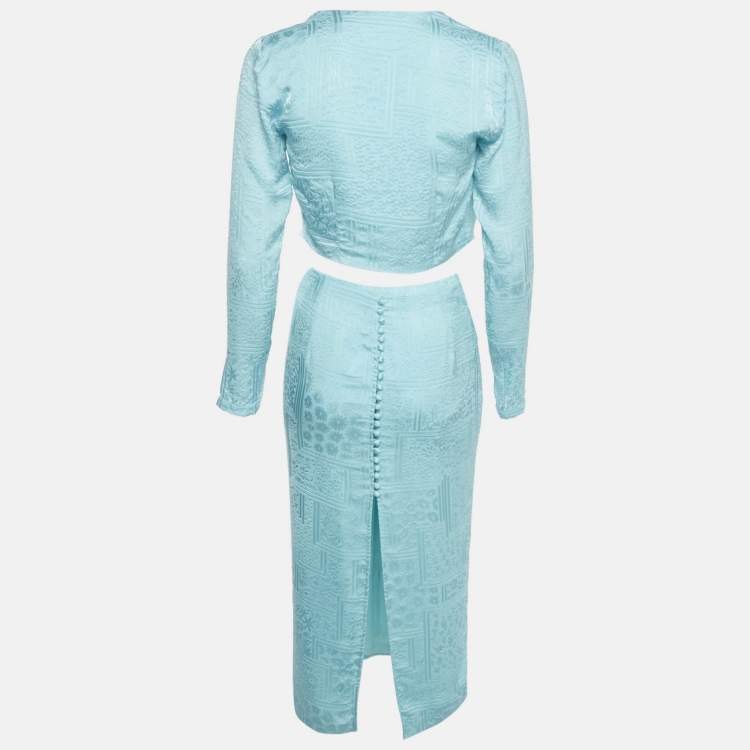 مملوكة مسبقًا ROTATE BIRGER CHRISTENSEN Blue Textured Jacquard Wrap Top and Skirt Set S