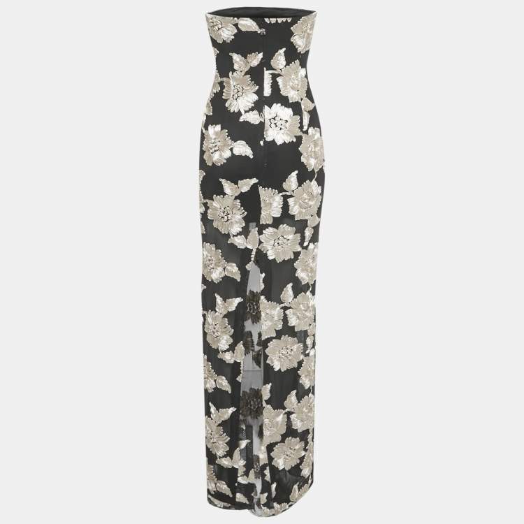Pre Owned ROTATE BIRGER CHRISTENSEN Black Mesh Floral Applique Strapless Maxi Dress S