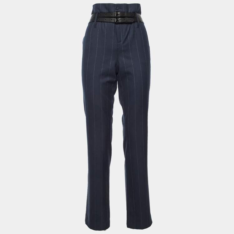 Pre Owned RTA Navy Blue Pin Striped Gabardine Belt Details Trousers M
