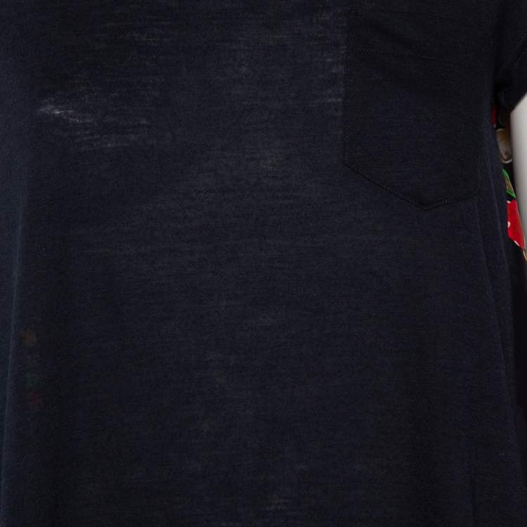 Pre Owned Sacai Navy Blue Floral Printed Linen & Satin Tunic T-Shirt XS