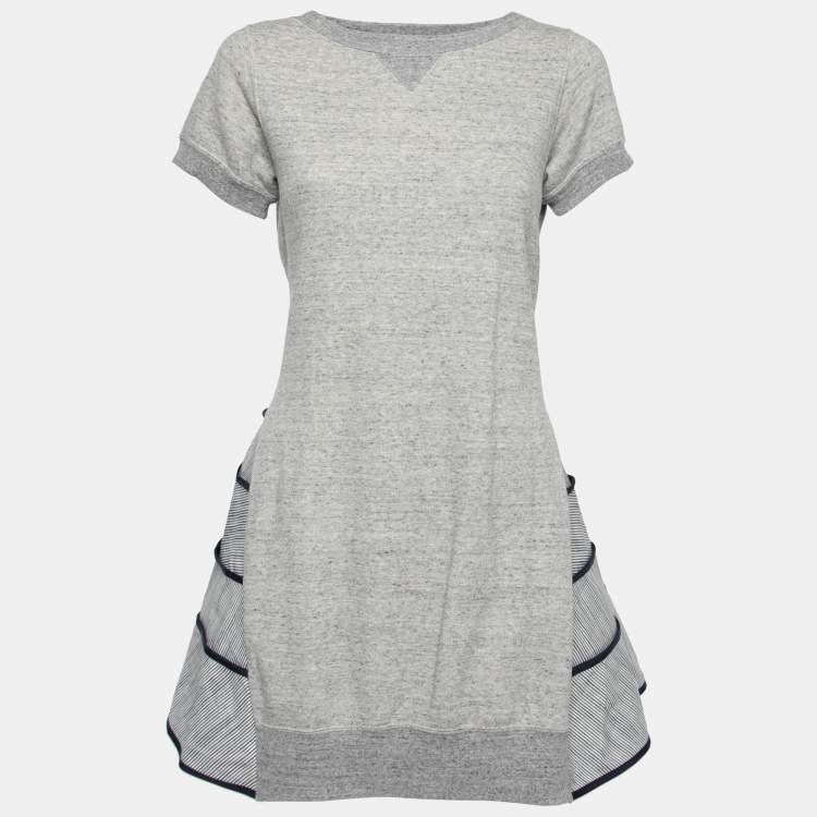 Pre Owned Sacai Grey Cotton & Blue Contrast Skirt Detail Short Sleeve Dress M