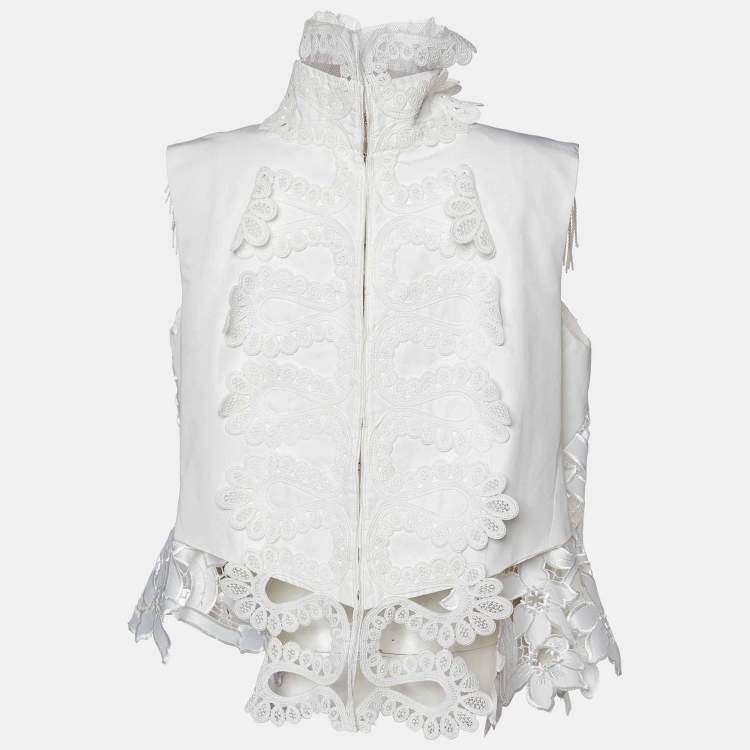 Pre Owned Sacai White Lace Fringed Shoulder Sleeveless Top L