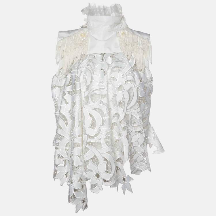 Pre Owned Sacai White Lace Fringed Shoulder Sleeveless Top L
