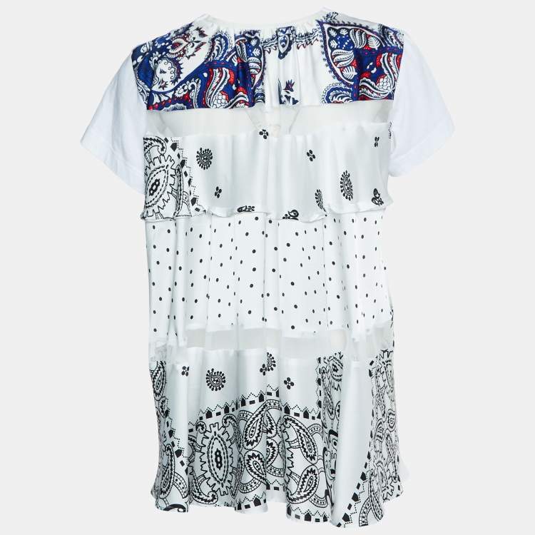 Pre Owned Sacai White Cotton & Paneled Satin Flared Top L