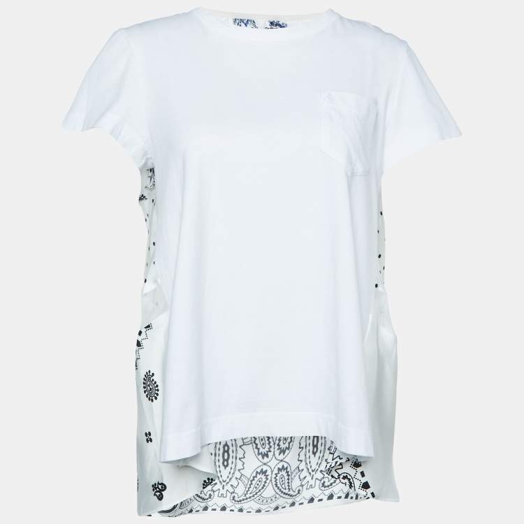 Pre Owned Sacai White Cotton & Paneled Satin Flared Top L