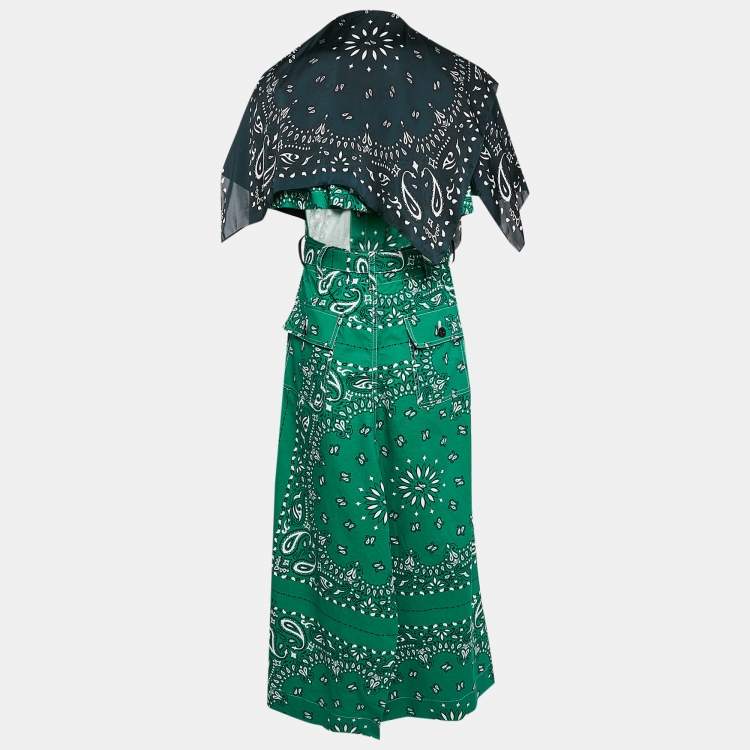 Pre Owned Sacai Green Bandana Print Cotton Scarf Trim Open Back Midi Dress S