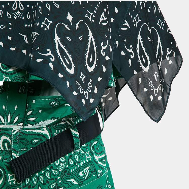Pre Owned Sacai Green Bandana Print Cotton Scarf Trim Open Back Midi Dress S